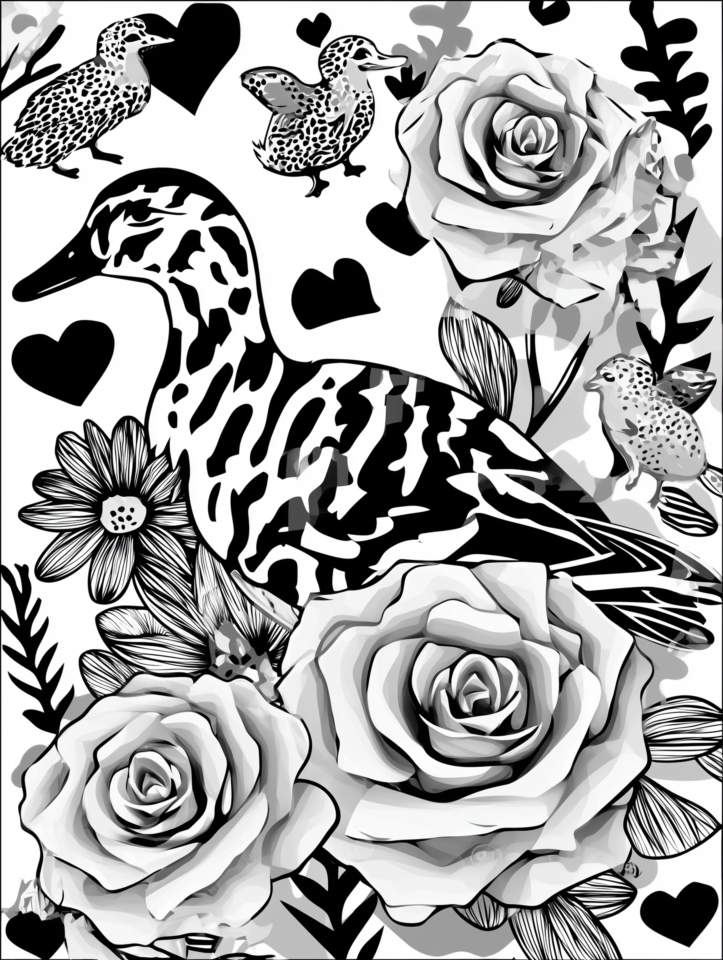 Free printable duck coloring page for adults featuring a duck hiding behind flowers